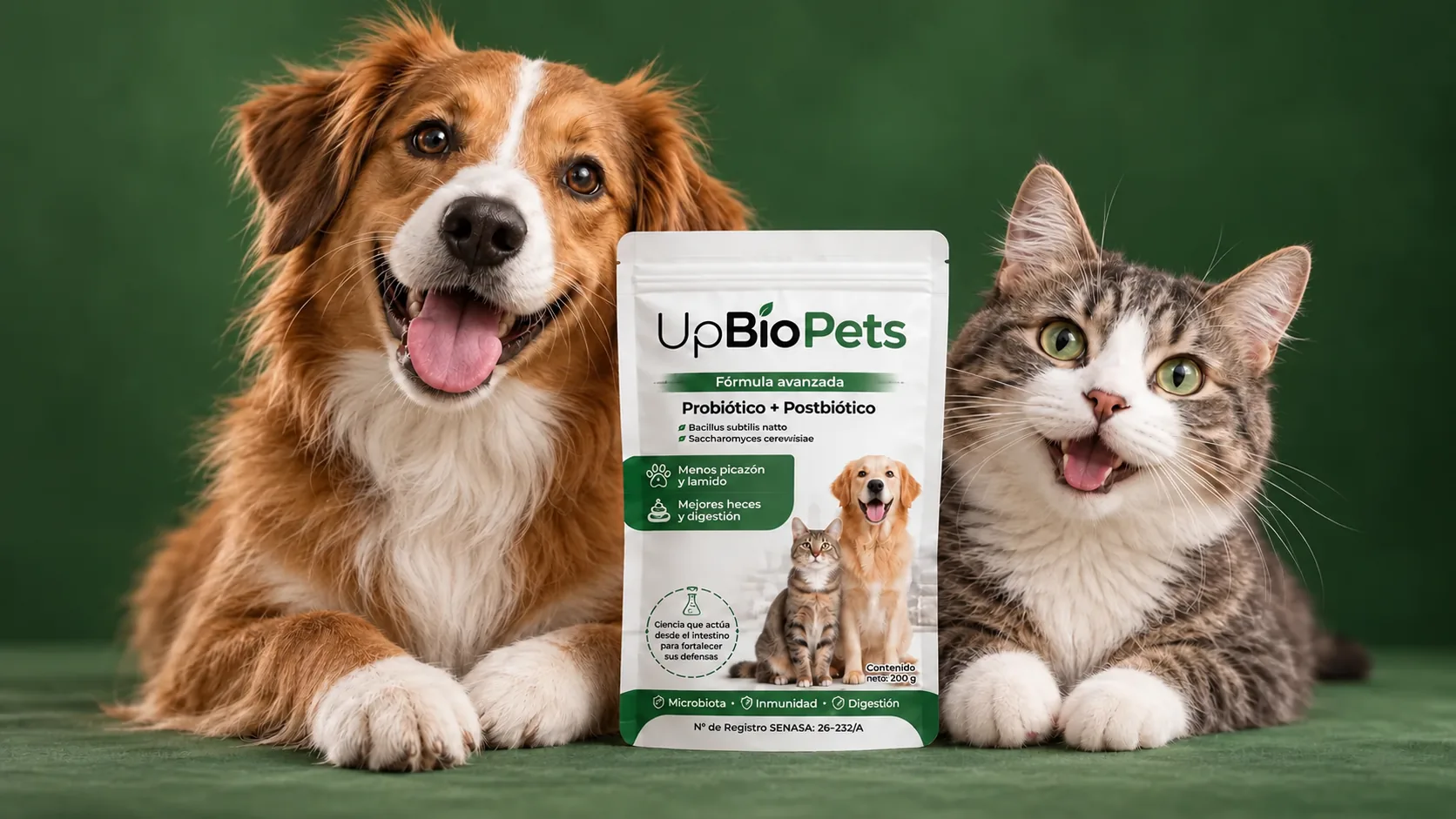 UpBioPets con mascotas felices sobre fondo verde bosque