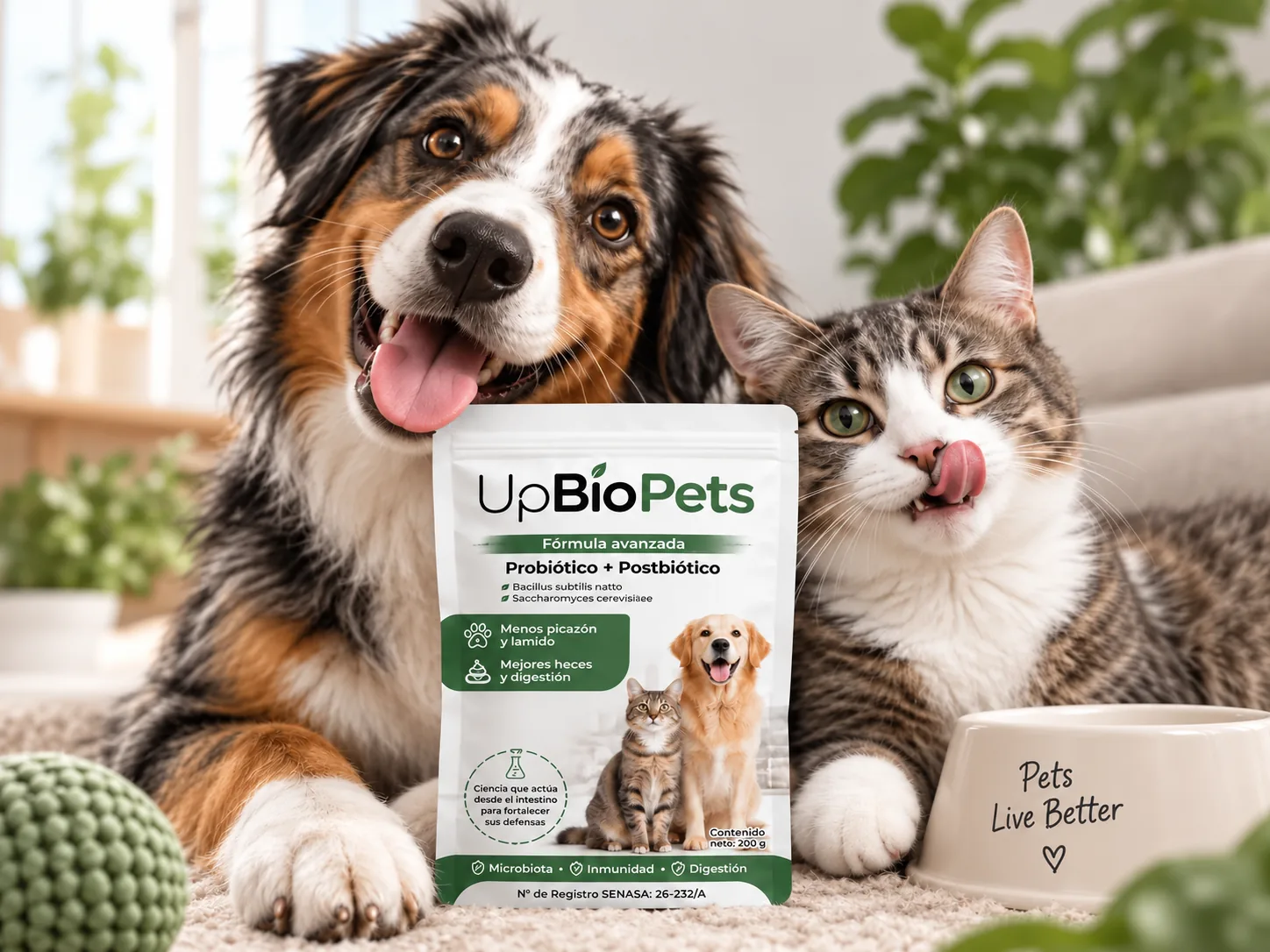 UpBioPets junto a un perro y un gato